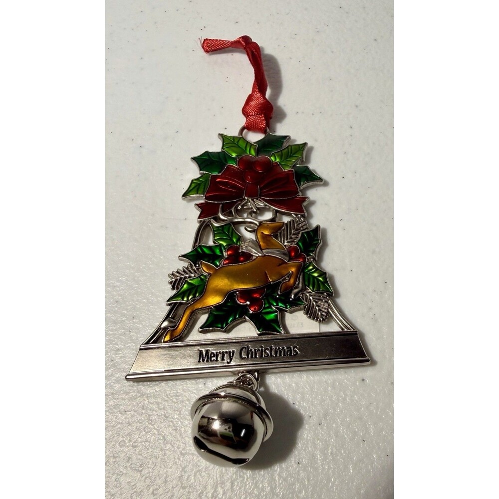Ganz Christmas Ornament Bell Holly Reindeer Design “Merry Christmas”